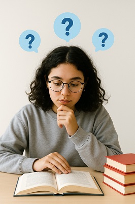 FAQ illustration - Student reading a book with question marks above her head, red books on table, white background