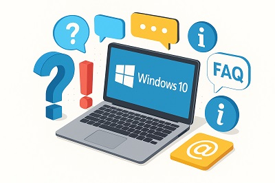 Illustration of a laptop displaying Windows 10, surrounded by FAQ, question, and info icons, symbolizing user support and help section
